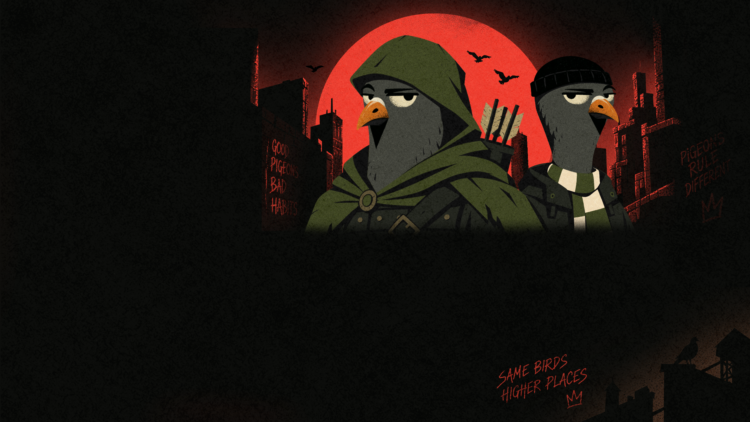 Hoodie and Scarfie above the city under the red sun
