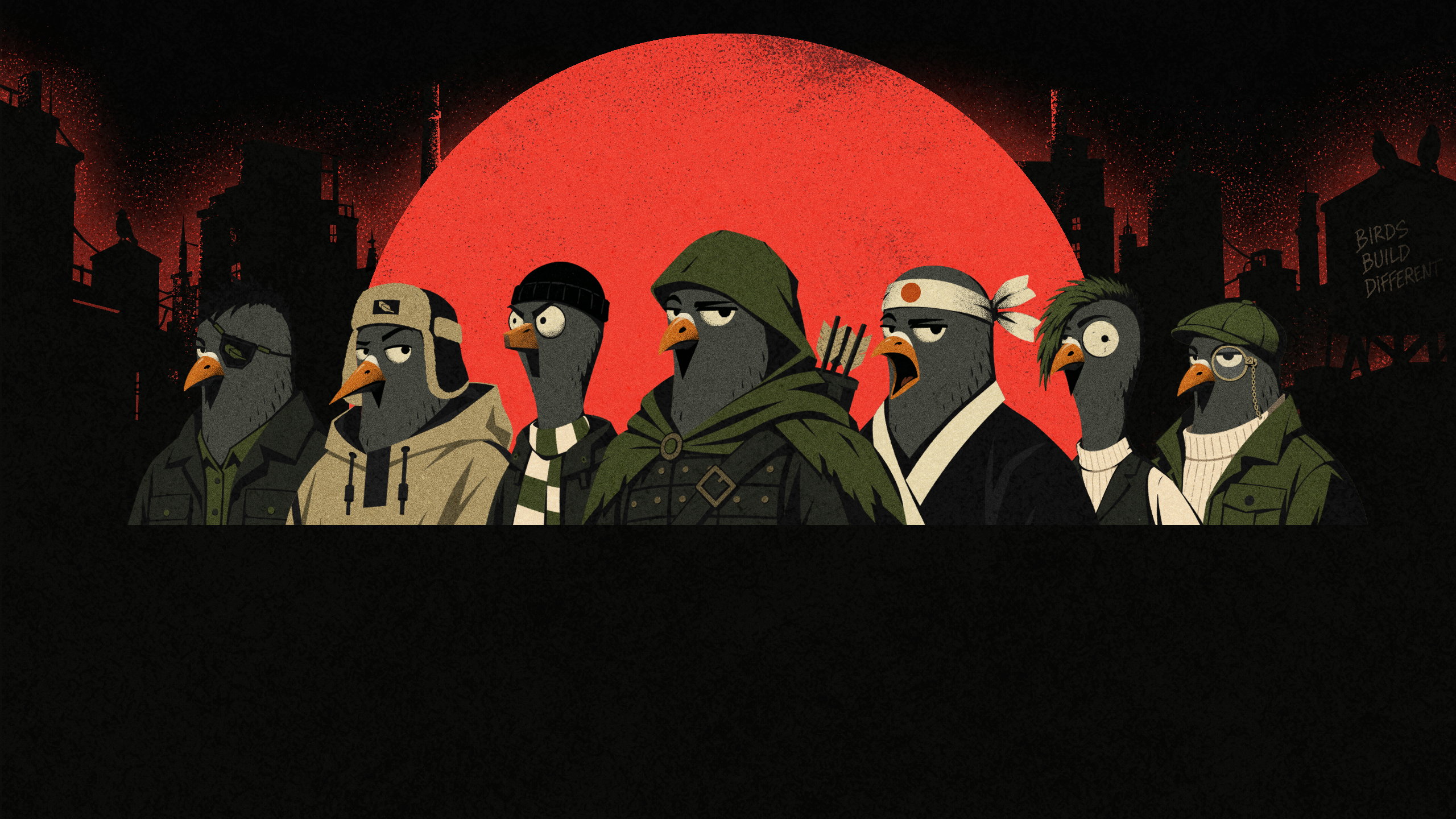 Seven streetwise pigeons in olive hoodies and worn streetwear against a red sun and dark city rooftops